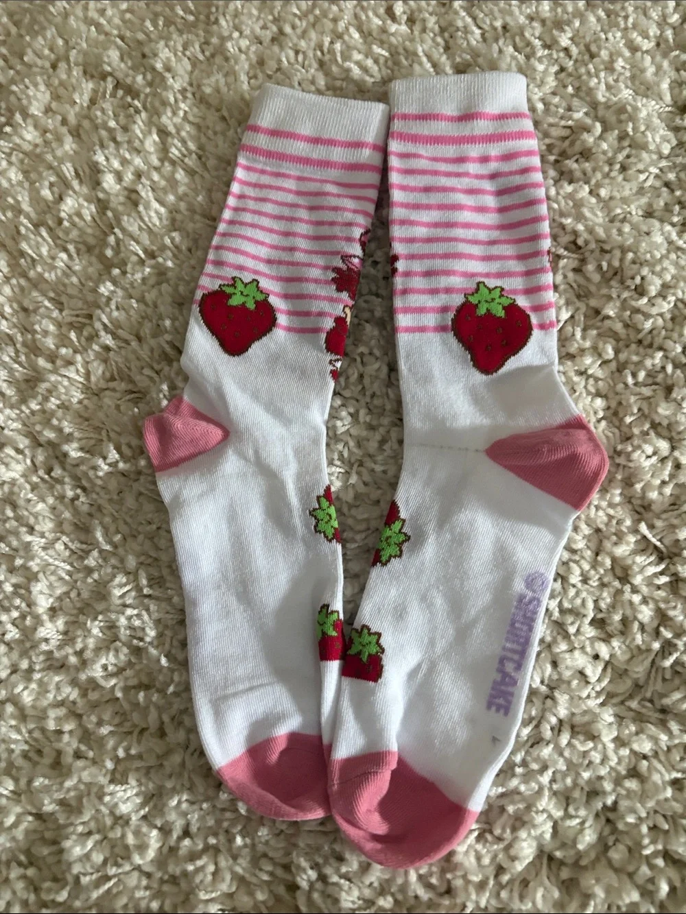Kids White Crew Socks with Pink Strawberry Character Design